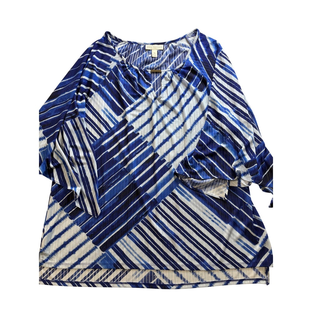 Dana Buchman Blue White Abstract Geometric Ribbed Blouse Gold Bar Accent XL